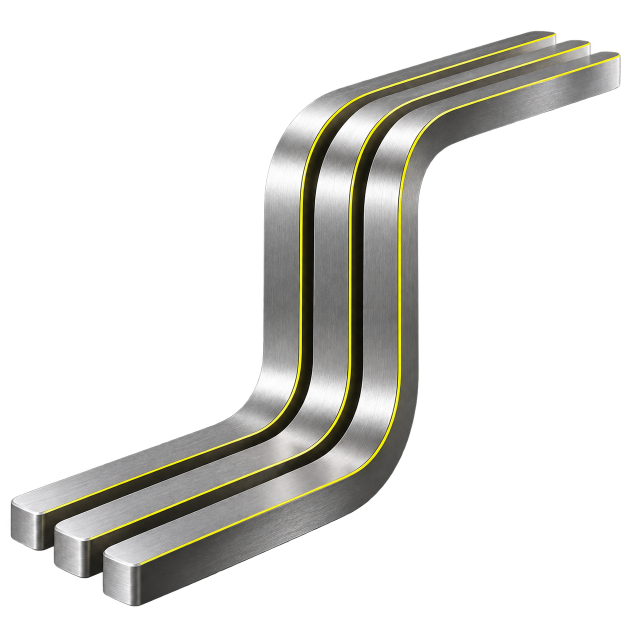 Three continuous parallel aluminium channels with fine sulfur-yellow edges.